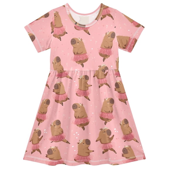 joogoo Capybara Dancing Girls' Short Sleeve Dress Kids Dresses 5-6T