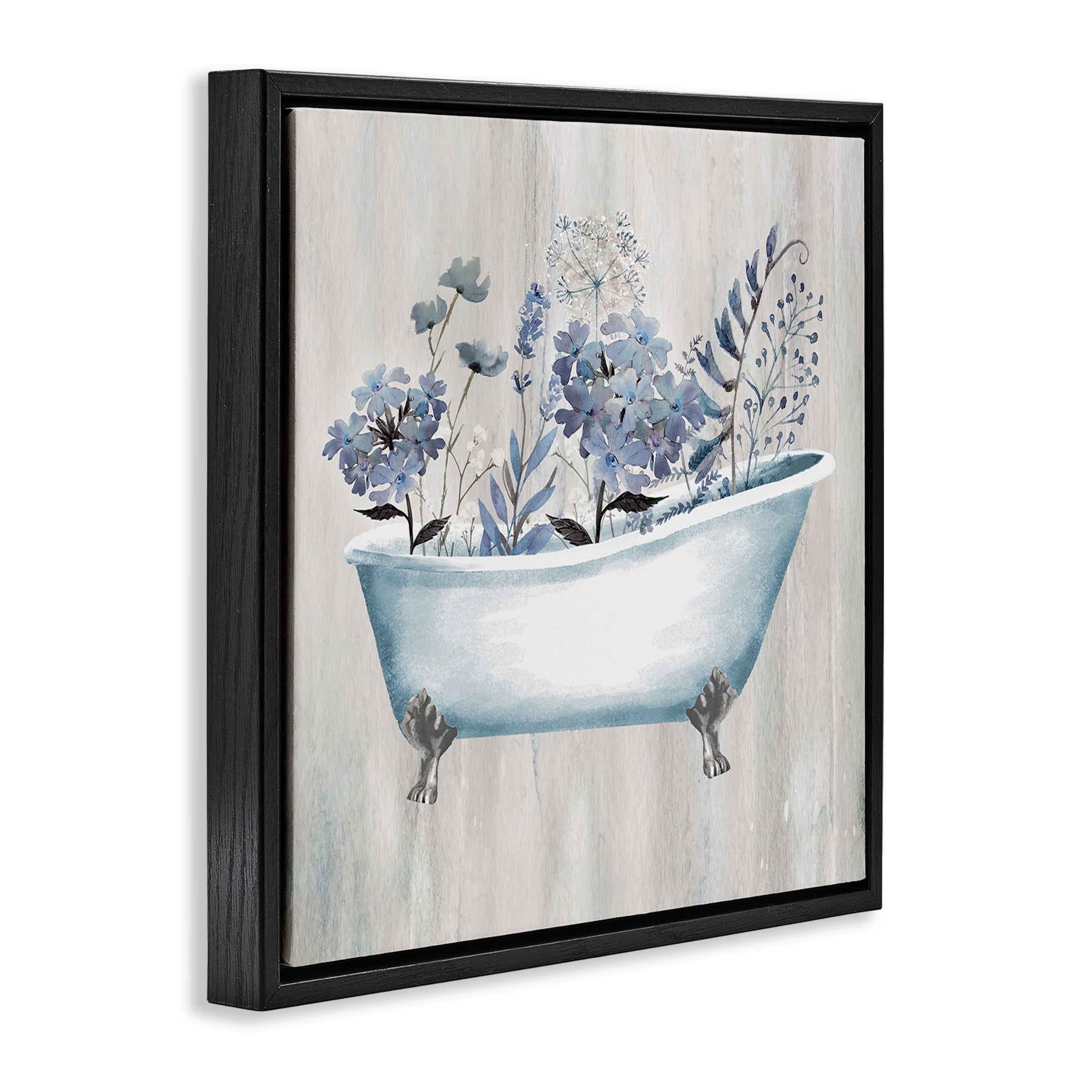Stupell Industries Vintage Tub & Blue Florals Bath & Laundry Painting Black Floater Framed Canvas Art Print Wall Art, 25 x 25