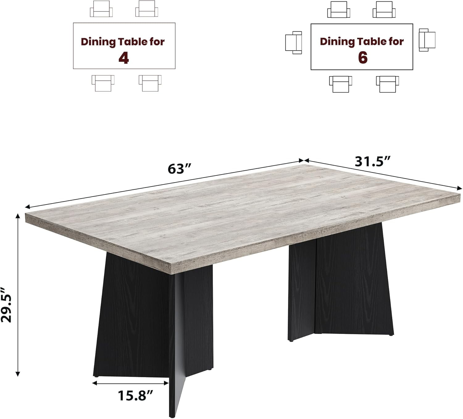 Dining Table for 6-8 People - 63" Modern Long Kitchen Table with Large Tabletop & Pedestal Legs, Dinner Table for Kitchen, Conference Room, Home, Grey & Black