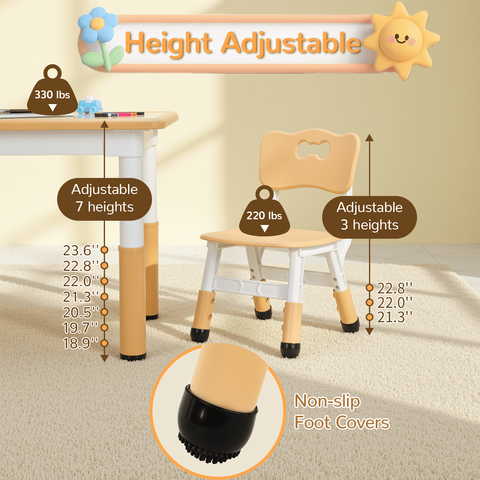 LAZY BUDDY Kids Table and 2 Chairs Set, Height Adjustable Toddler Table and Chairs Set with Graffiti Desktop, Children Activity Table for Daycare/Classroom/Home