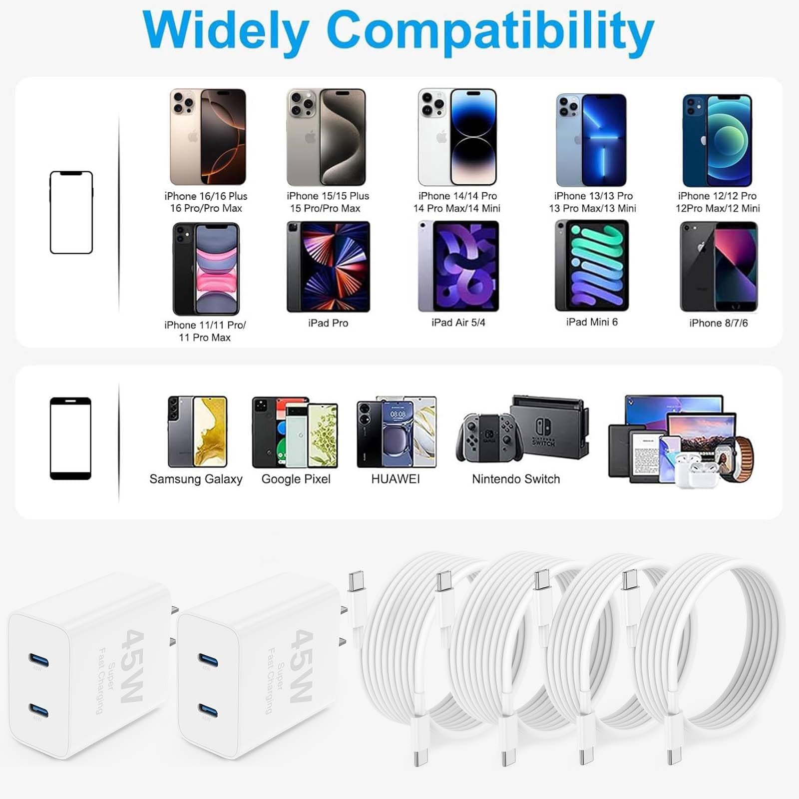 LujingZ Apple iPhone 17 16 15 Dual Port 45W USB-C PD Fast Charger Block with 6ft and 10ft Type C to C Cable Cord Mixed Length Compatible with iPhone Pro Max Pro Air Plus iPad Mini Wall Plug Cube Br