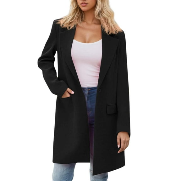 QHFBli Women's Long Blazer Jackets Business Work Casual Open Front Suit Jacket Lapel Pockets Outerwear Mid Long Pea Coat