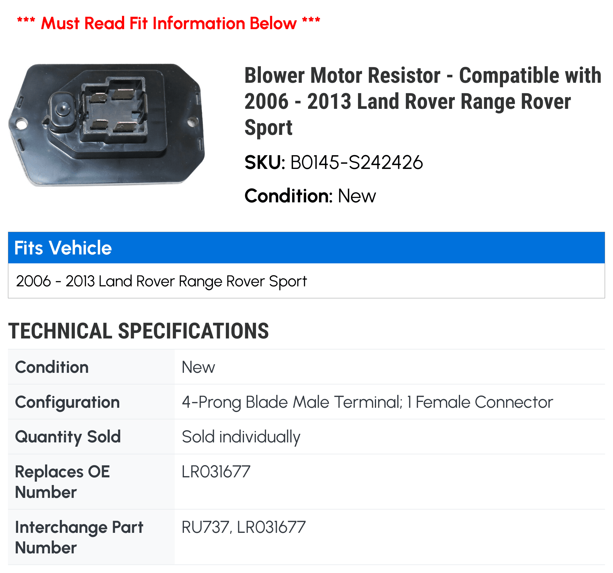 Blower Motor Resistor - Compatible with 2006 - 2013 Land Rover Range Rover Sport 2007 2008 2009 2010 2011 2012