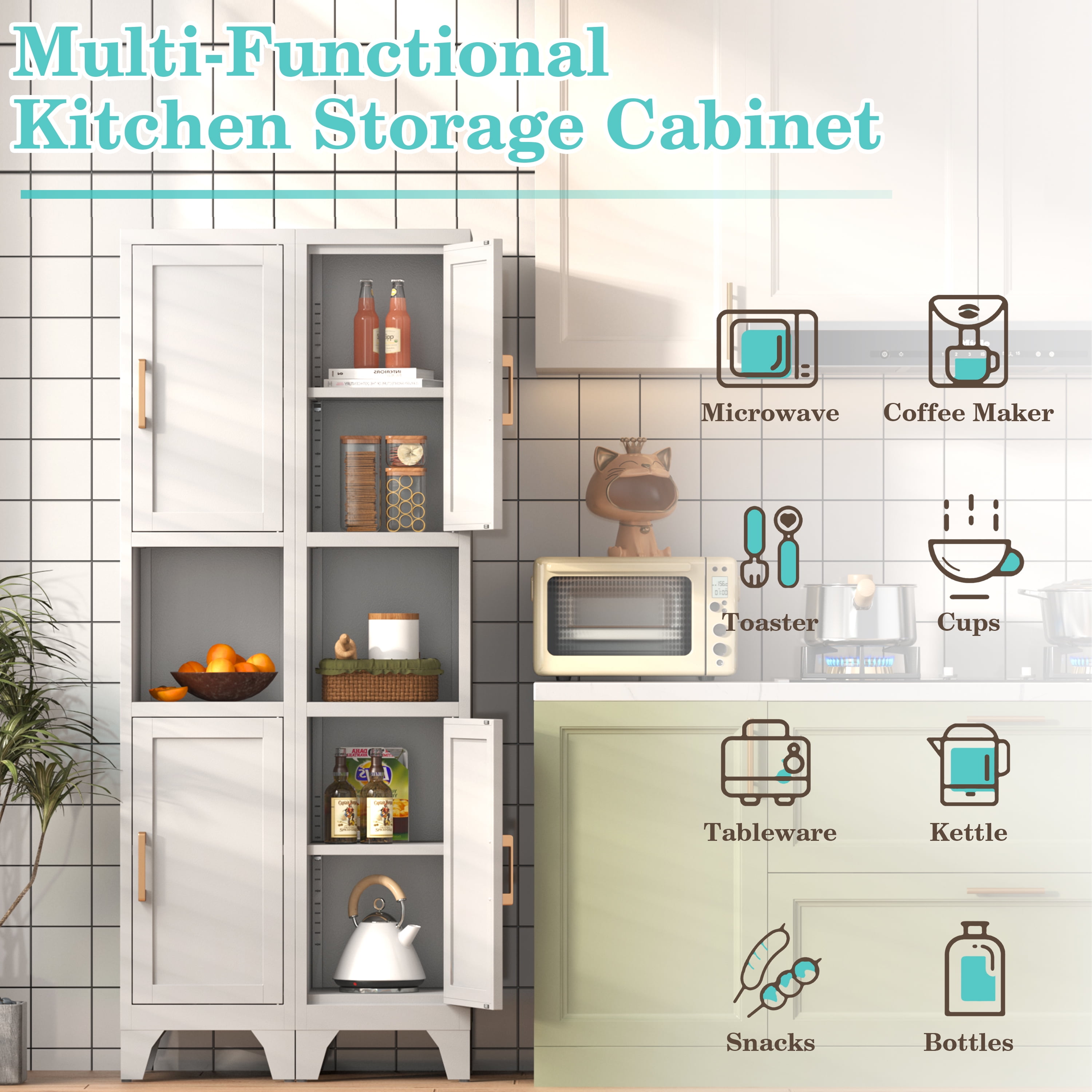 Kitchen Pantry Cabinet with Countertop,67" Tall Metal Storage Cabinet with Doors ＆ Adjustable Shelves,Freestanding Cupboard for Kitchen,Dining Room,Living Room and Bathroom-Assemble Required(White)