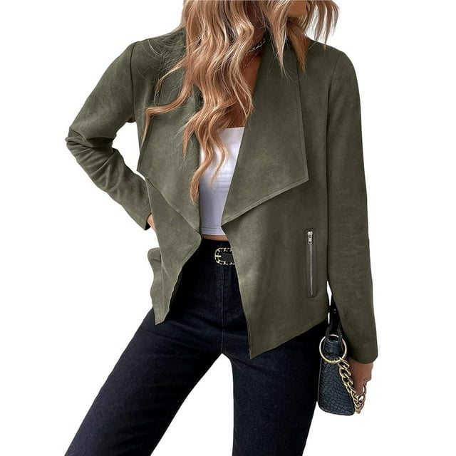 Chaquetas de Ante Sintético para Mujer, Ropa de Moda de Otoño, Larga, Frente Abierto, Abrigo Corto, Prenda Exterior Verde L