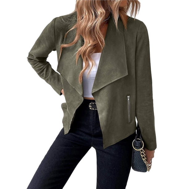Chaquetas de Ante Sintético para Mujer, Ropa de Moda de Otoño, Larga, Frente Abierto, Abrigo Corto, Prenda Exterior Verde S
