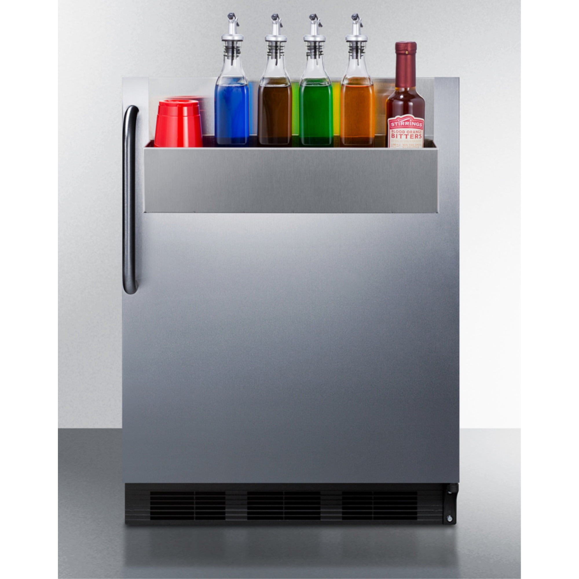 Commercially listed all-refrigerator with stainless steel door, removable speed rail, towel bar handle, and automatic defrost