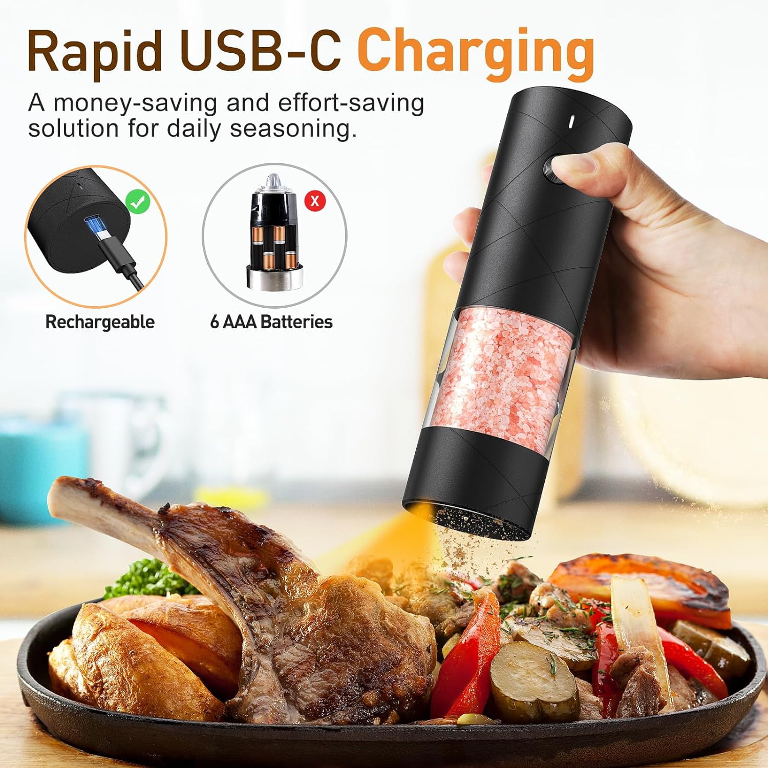 Electric Salt and Pepper Grinder Set, Rechargeable Automatic Pepper Mill Grinder with LED Light, Adjustable Coarseness shakers, One-Hand Operation for Kitchen(2 Pack, Upgrade Black+Black)
