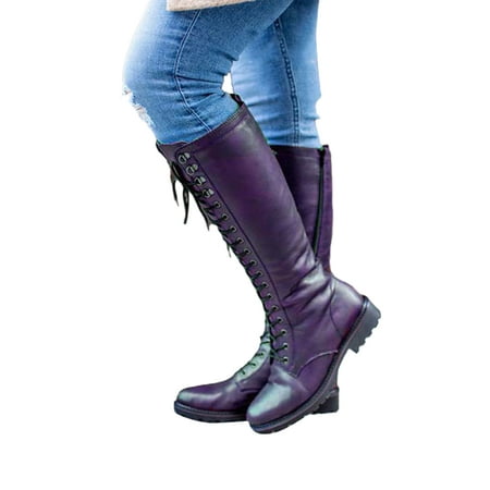 

Lacyhop Ladies Tall Boot Side Zip Winter Knee High Shoes Lace Up Riding Boots Office Non Slip Comfort Low Heel Purple 6.5