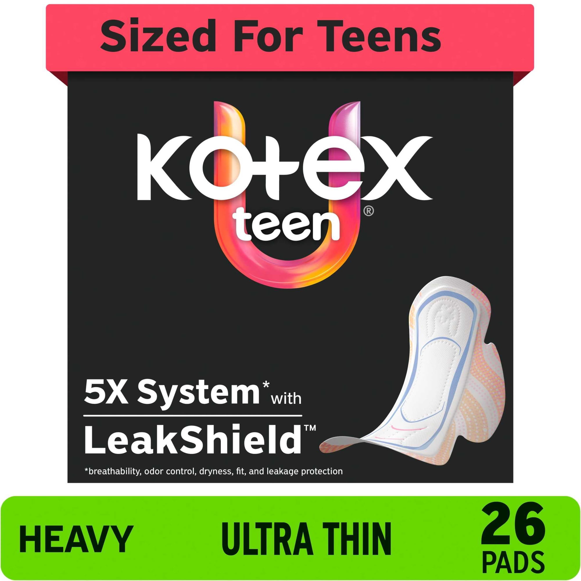 Kotex Ultra Thin Teen Period Pads with Wings, Heavy Absorbency, 26 Count
