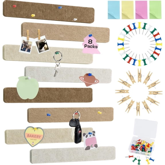 8 pcs Bulletin Board Bar Strips with 50 Pushpins & 10 Wooden Clip pins，Self Adhesive Cork Board for Wall，Felt Pin Board for School，Office Decor(Multi-Brown)