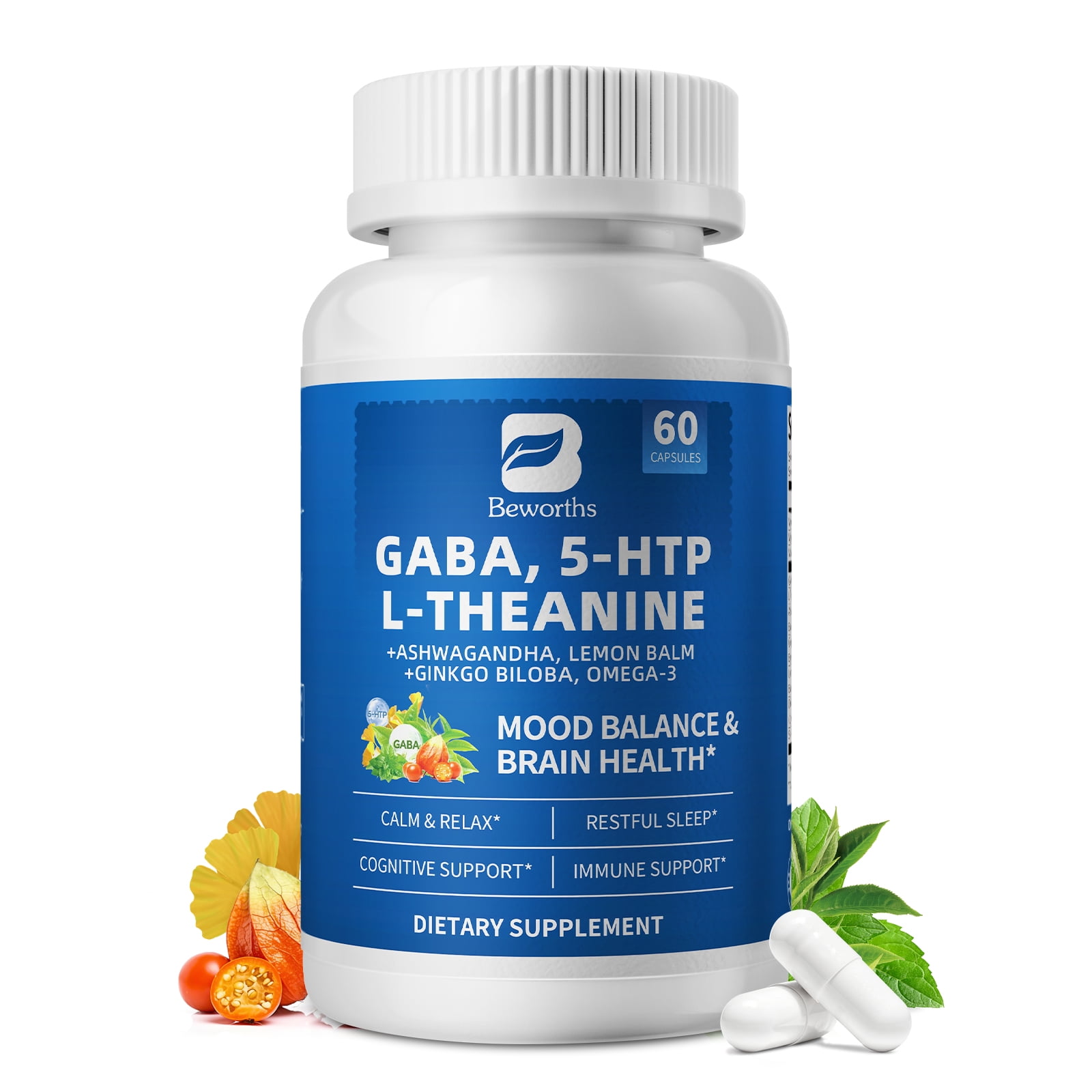 (2 Pack) GABA 5 HTP L-Theanine + Ashwagandha + Lemon Balm & Ginkgo Biloba, Support Calm, Sleep, Mood Balance, 60 Pills