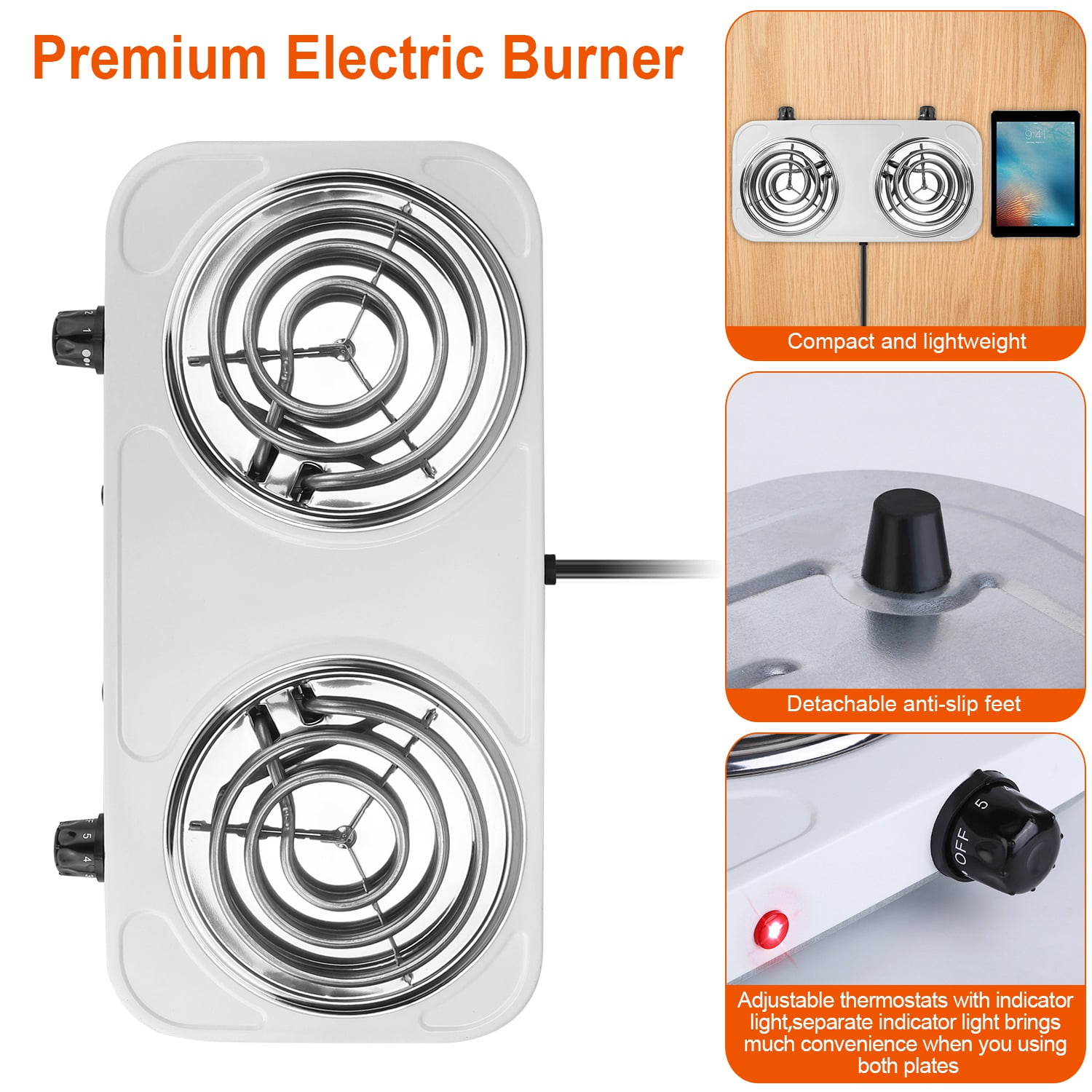 iMounTEK 2000W Portable Burner Coil, Adjustable Hot Plate with Non Slip Rubber 5 Temperature Adjustments,White