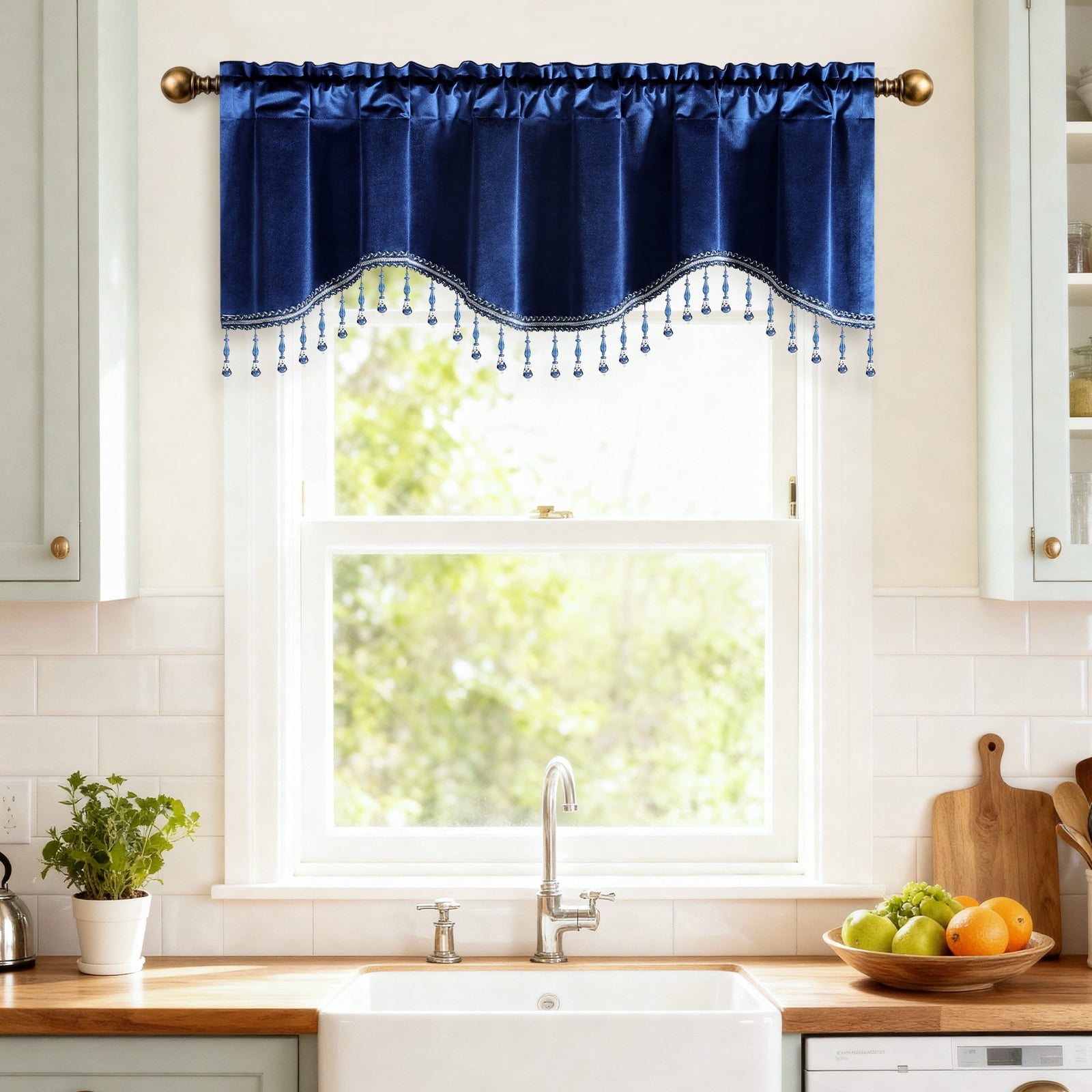 VOGOL Blue Velvet Scalloped Window Valance with Beaded Trim, Elegant Decorative Curtain Topper for Living Room Bedroom