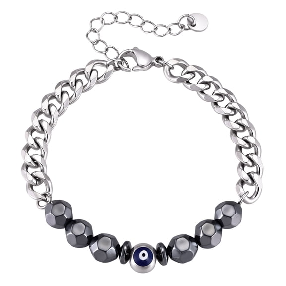 VNOX Stainless Steel Cuban Chain Evil Eye Bead Bracelet for Men, Silver Black Stone Jewelry Gift