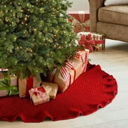 Cable Knit Tree Skirt Ruffled Red Christmas Tree Skirt,48 Inch Farmhouse Rustic Holiday Tree Skirt with Bow Tie for Home Party Décor, Washable Luxury Yarn Tree Skirt Indoor Outdoor, Red