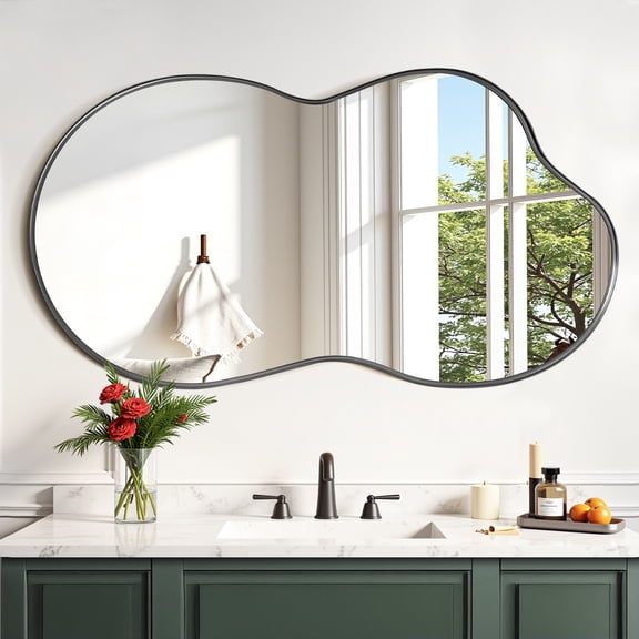 Antok 36"x24" Irregular Wall Mirror, Asymmetrical Metal Frame Bathroom Vanity Mirror, Black