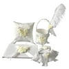 5Pcs/Sets Wedding Guest Book & Pen Set + Flower Basket + Ring Pillow + Garter, White Cover, Flower Decor Ribbon Elegant Wedding