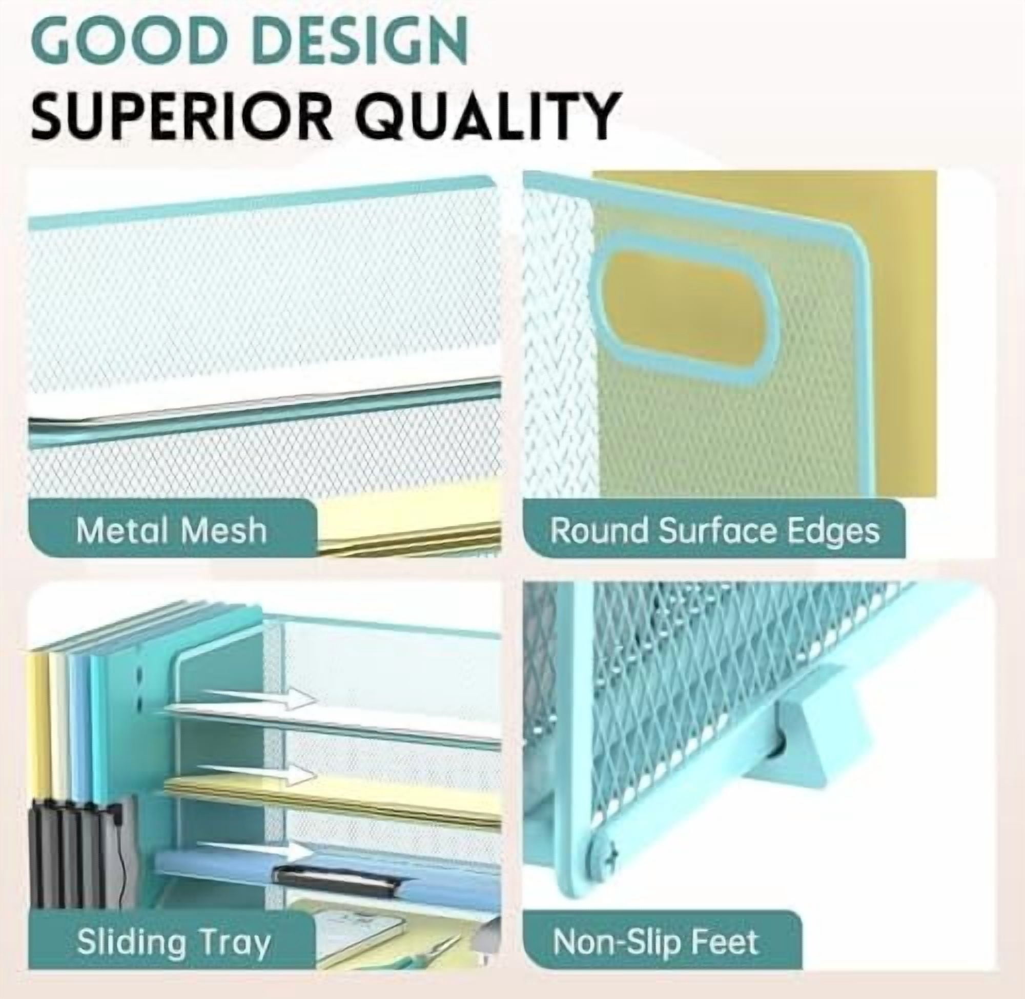 Jointown Mesh Desk Organizer, 5-Tier Paper Letter Tray with File Holder & Pen Holder & Sliding Drawer, Desktop Organizer and Storage for Desk Accessories Office Supplies, Blue