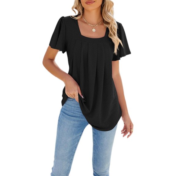 Womens Summer Short Sleeved Tops Square Neck Pleated Solid Loose T Shirt Fshion Casual Tops