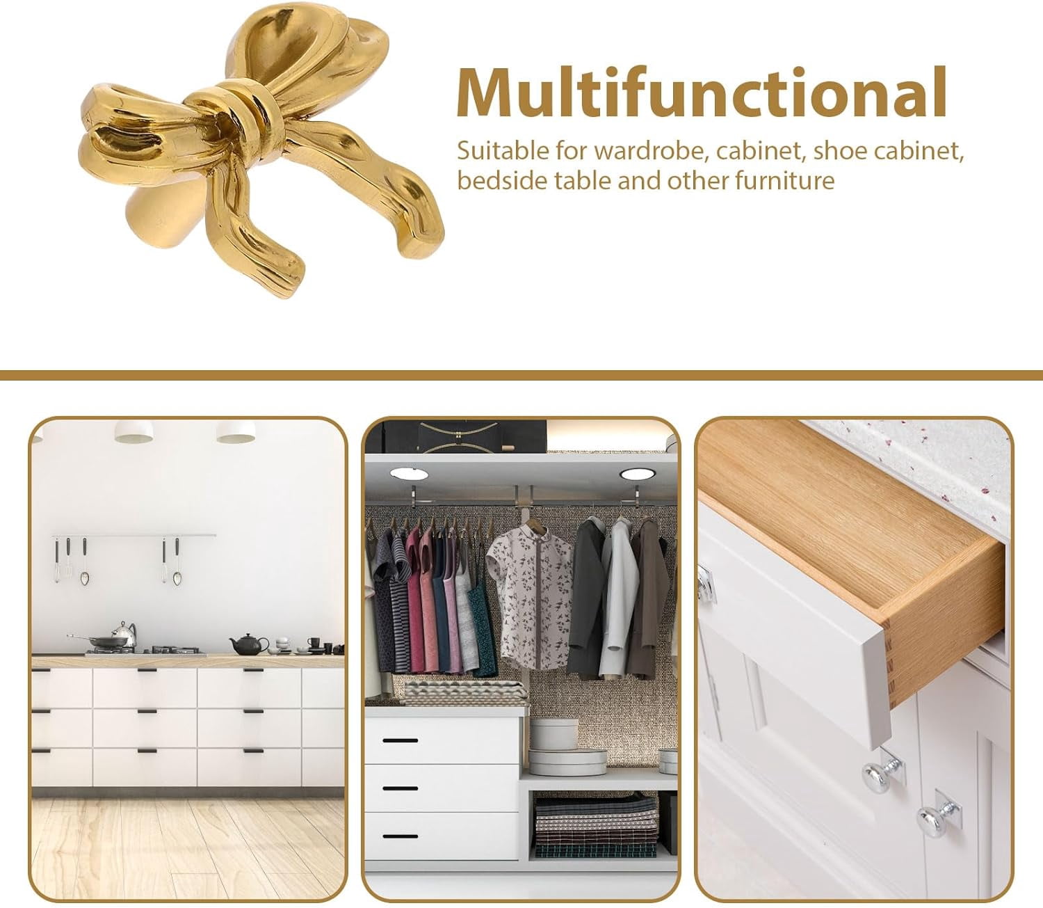 CATPAN 2 Packs  Solid Brass Bow Drawer Pulls - Elegant Vintage Gold Cabinet Knobs for Dresser, Kitchen, Wardrobe - Antique Finish Hardware Pulls