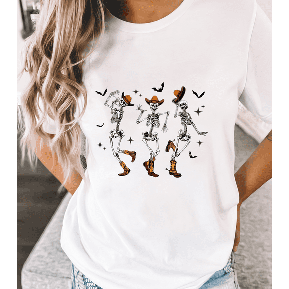Cowboy Skeleton T-Shirt Women’s Funny Halloween Dancing Graphic Top S-4XL