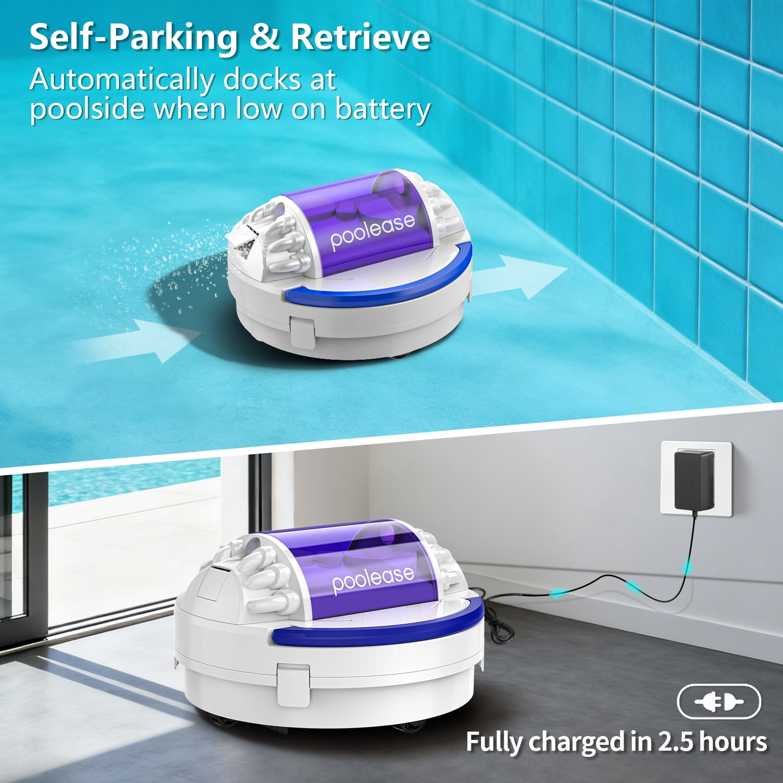 Poolease X2 Cordless Robotic Pool Cleaner, Pool Vacuum for Above Ground Pool, Self-Parking, LED Indicator, Dual-Motor Ideal for Above/Inground Pool, 90Min