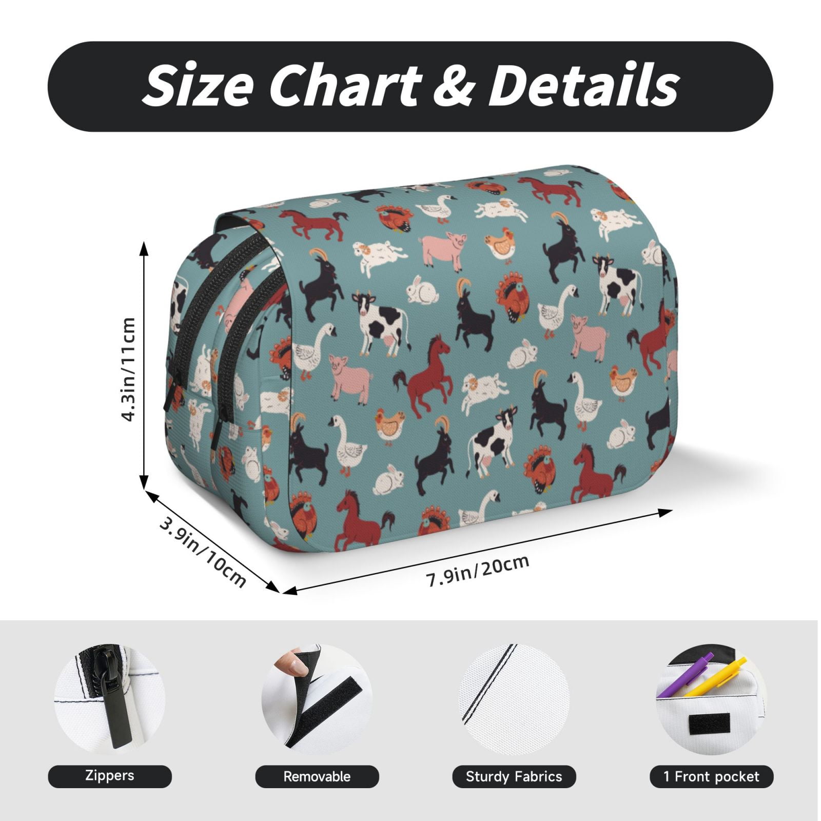 Rateoe Farm Animals 1 Pattern Double Clamshell Pen Case, Storage Organizer with Two Zipper Compartments– Holds Up to 50 Pencils & Pens