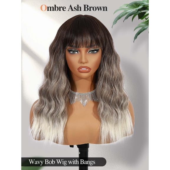 SHILIU-Wavy Bob Wig With Bangs Medium Length 18 Inch Synthetic Wavy Curly Natural Looking Wig For Women Daily Party Use (Ombre Ash Brown and Gray)