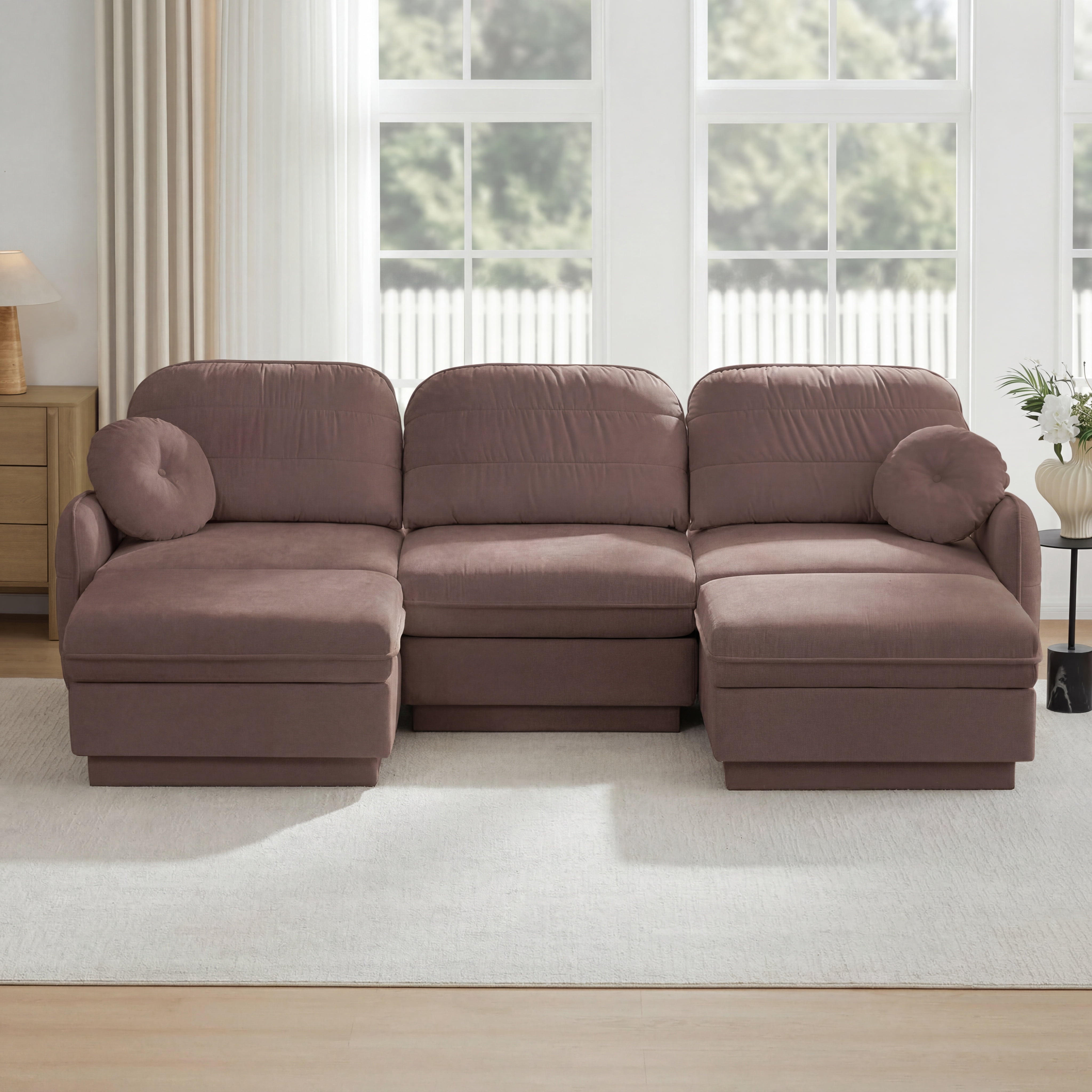 Mintazer 105" Chenille Cloud 3-Seater Modular Sectional Sofa with 2 Movable Ottoman & Round Pillows, U-Shaped Ergonomic Sofa Couch for Living Room, Apartment, Rose Dust
