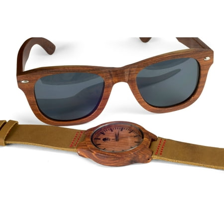 Real Sandalwood Sunglasses and Watch Set, Genuine Leather Strap