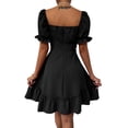 thumbnail image 3 of KOMOO Women A-Lined Short Dress Short Puff Sleeve Jacquard Dot Print Dress Ruffle Hem Dress, 3 of 4
