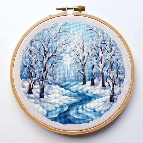 Winter Snow River Tree Scenery Stamped Cross Stitch Kits for Beginners Easy with Hoop 11CT Needlepoint Embroidery DIY Counted Cross Stitch Kits Art Craft Wall Decor 35x35cm(2)
