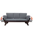 thumbnail image 5 of Wood Patio Convertible Couch Sofa Bed with Adjustable Armrest, Outdoor Daybed with Cushion & Pillow, Folding Chaise Lounge Bench Ideal for Porch Courtyard Poolside, Brown Finish+Gray Cushion, 5 of 13