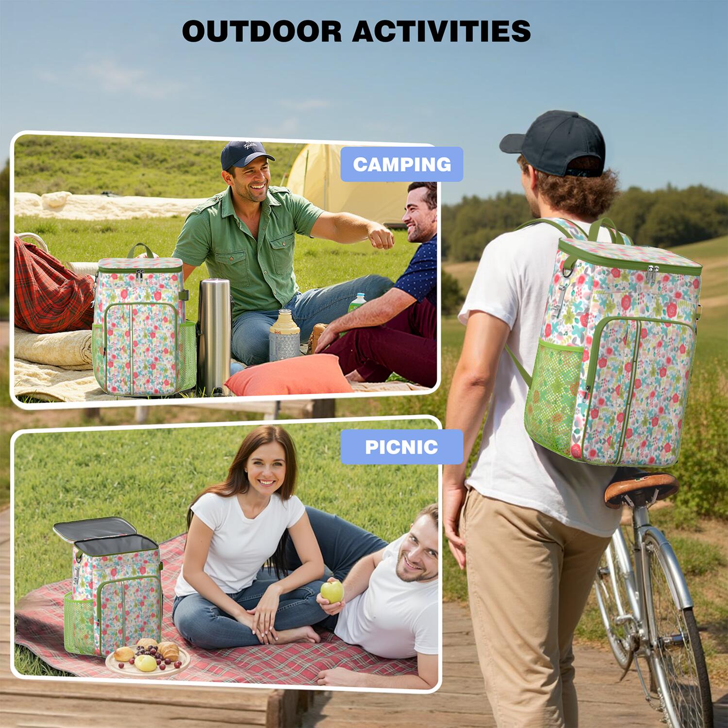 Travel Cooler Bag - Pioneer Flower Floral Print Pattern Camping Beer Cooler Backpack with Bottle Opener- Waterproof Insulated Picnic Backpacks - Cooler Bag for Beach