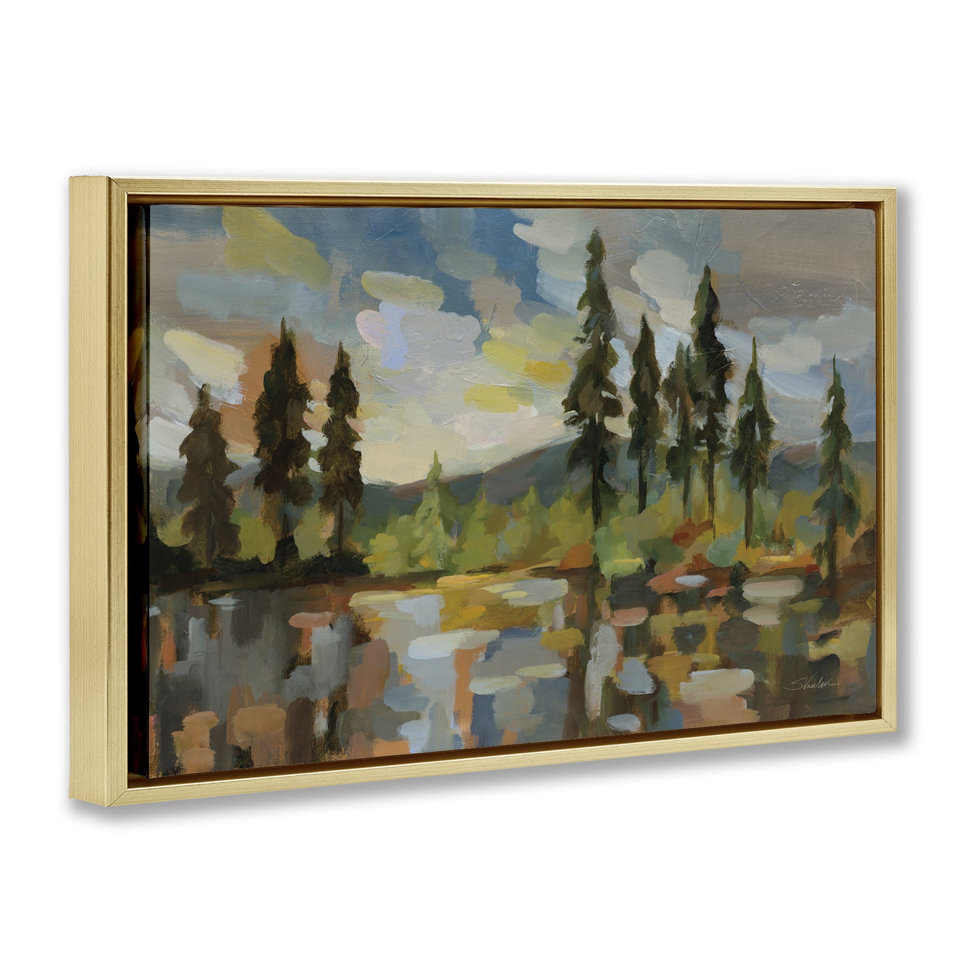 Stupell Industries High Mountain Lake Landscape & Nature Painting Gold Floater Framed Canvas Art Print Wall Art, 25 x 17