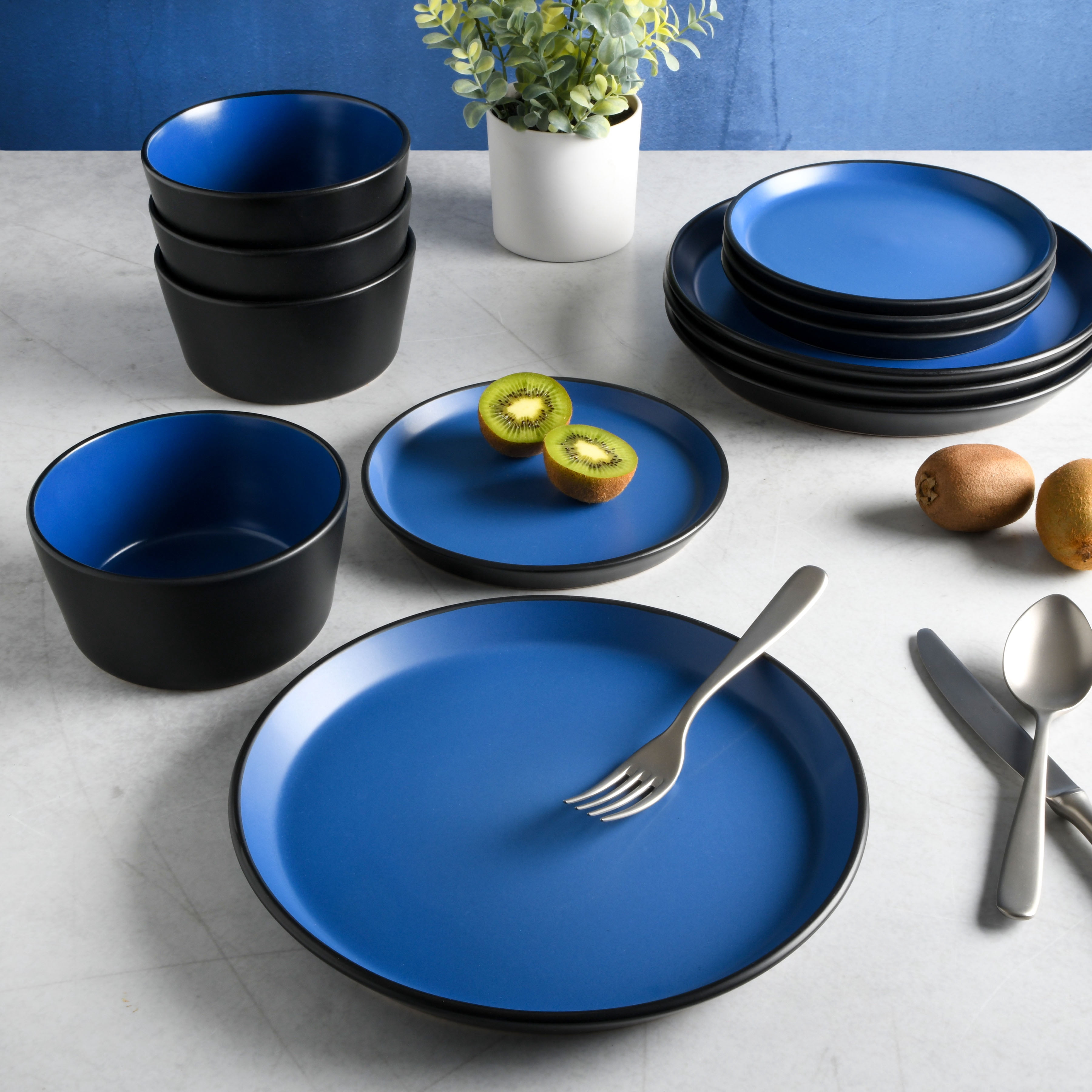 Gibson Soho Lounge Rachel 12 Piece Coupe Dinnerware Set, Matte Blue