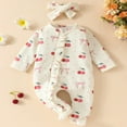 thumbnail image 2 of Ruyang New Born Baby Girls Cherry Graphic Jumpsuit Bowknot Headband Cute Ruffle Zip Up Bodysuit Long Sleeve Footie Onesie, 2 of 9