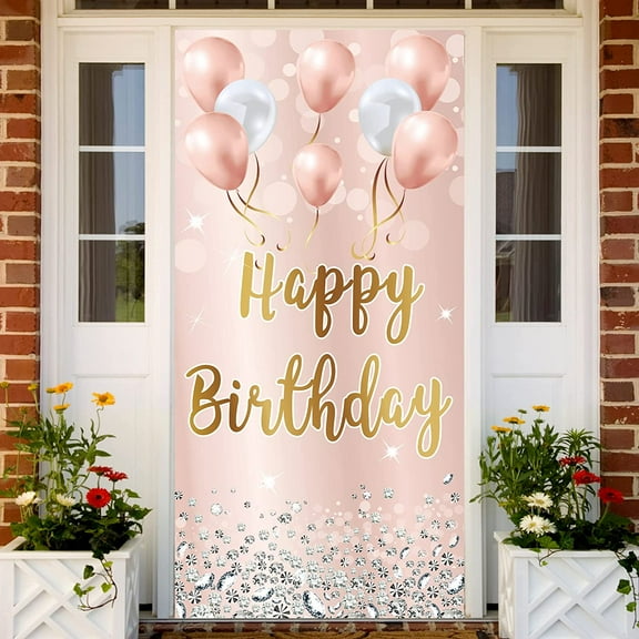 Pink Rose Gold Happy Birthday Door Banner Decorations for Women Girls, Happy Birthday Party Door Cover Sign Background Supplies for 16th, 21st, 30th, 40th, 50th, 60th Birthday