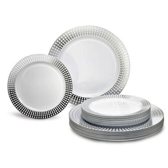 OCCASIONS 240 Plates Pack,(120 Guests) Premium Wedding Party Disposable Plastic Plates Set -120 x 10.25'' Dinner + 120 x 7.5'' Salad/Dessert (Princess White/Silver)