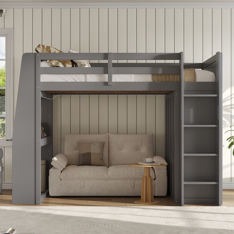 Full Size Wooden Loft Bed with Built-in Desk & Charging Station, Kids Storage Bed Frame with LED Light & Double Door Wardrobe