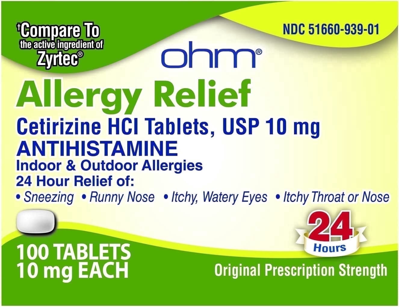(3 pack) Ohm Cetirizine 10 mg, All Day Allergy Relief (100 Count) Antihistamine Tablets for Indoor & Outdoor Allergies, Hives, Hay Fever, Sneezing, Runny Nose, Itchy Nose or Throat, Dry Itchy Eyes