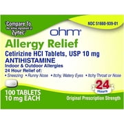 Ohm Cetirizine 10 mg, All Day Allergy Relief (100 Count) Antihistamine Tablets for Indoor & Outdoor Allergies, Hives, Hay Fever, Sneezing, Runny Nose, Itchy Nose or Throat, Dry Itchy Eyes