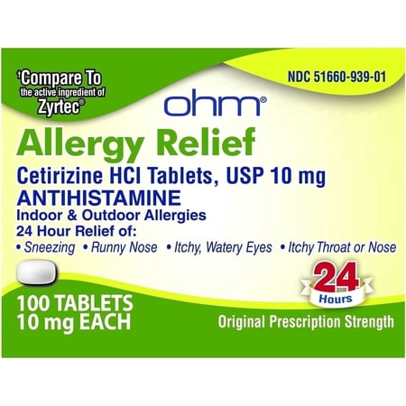 Ohm Cetirizine 10 mg, All Day Allergy Relief (100 Count) Antihistamine Tablets for Indoor & Outdoor Allergies, Hives, Hay Fever, Sneezing, Runny Nose, Itchy Nose or Throat, Dry Itchy Eyes