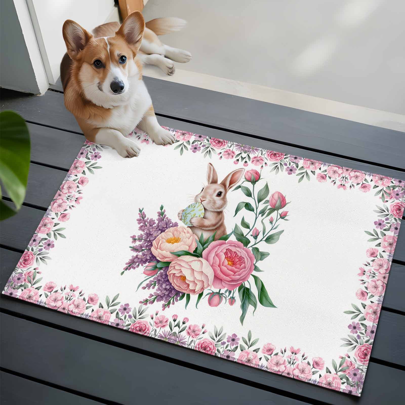 Easter Bunny Roses Entryway Rug 2'x3'&nbsp; Non Slip Front Door Mats, Pink Floral Spring Botanical Entrance Rugs Indoor Outdoor Carpet, Washable Floor Mats Small Area Rug for Bedroom Kitchen
