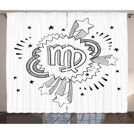 - Zodiac Virgo Curtains 2 Panels Set, Doodle Style Astrology Symbol on 1960s 1970s Pop Explosion Background, Window Drapes for Living Room Bedroom, 108W X 96L Inches, Black and White, by Ambesonne