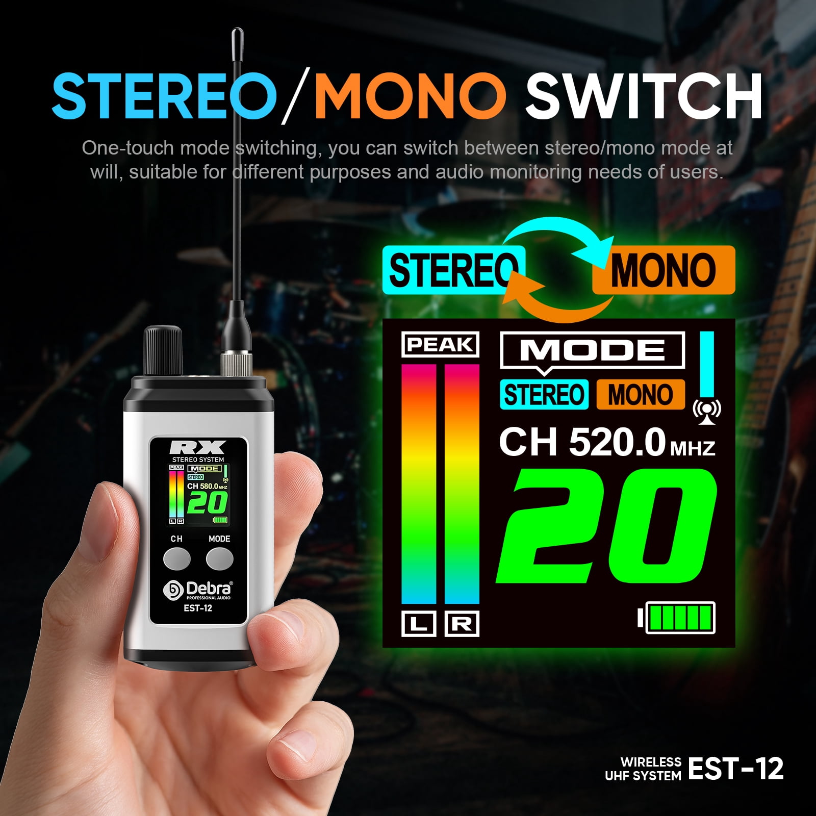 D Debra Audio PRO EST-12 UHF Stereo Mini Wireless In-Ear Monitor System, with Rechargeable Lithium Battery Monitor Type for Stage, Band, Studio, Musician, Monitor (1 Transmitter & 1 Receiver)