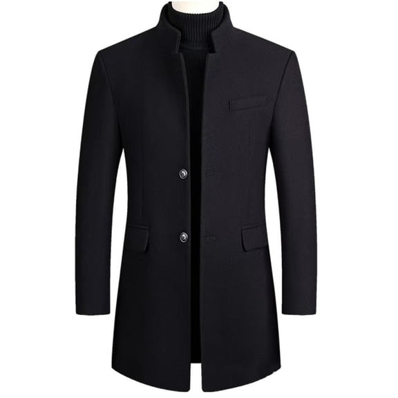 DeHolifer Men's Coat Mid-Length Solid Color Long Sleeve Button Stand Collar Winter Wool Coat Black L