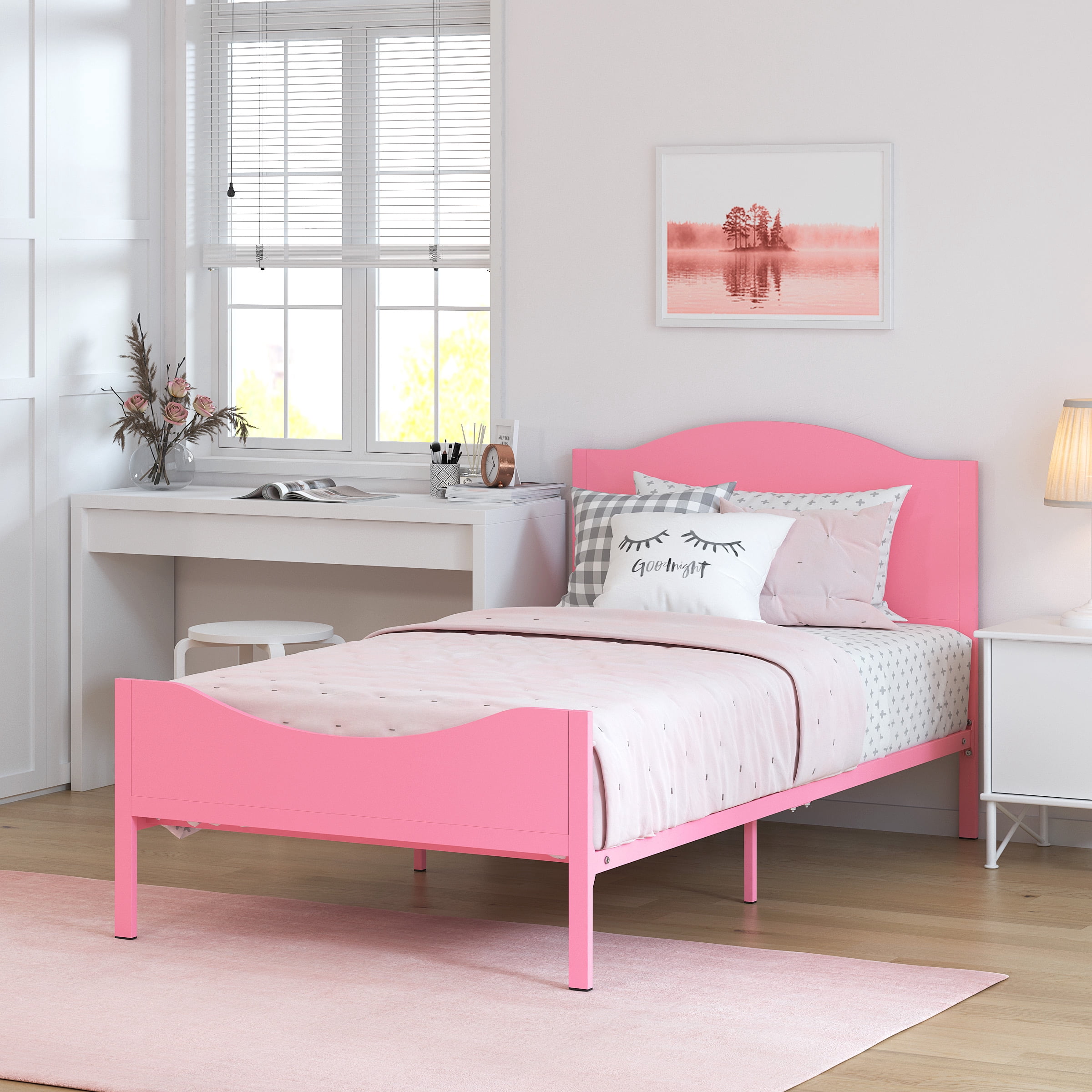 Yoneston Kids Twin Metal Platform Bed Frame with Wood Headboard for Girls, Toddler, Kids, and Teens, Pink