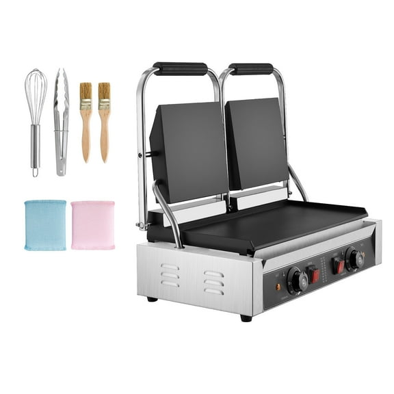 KFFKFF Commercial Panini Grill, 3600W Electric Sandwich Maker, Stainless Steel Double Press with Handle and Temperature Control, 19x9 in Full Flat Enamel Plate, Ideal for Burgers, Steaks, and Bacon